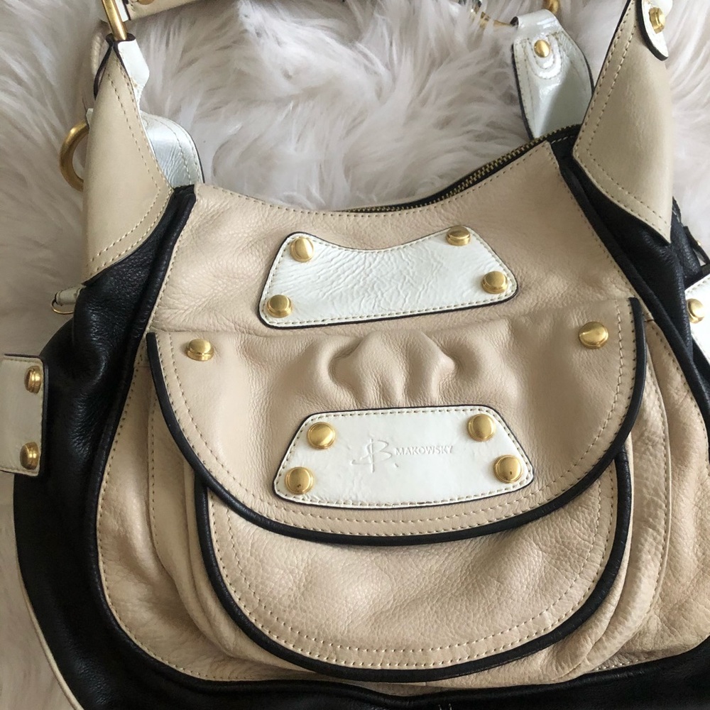 B Makowsky tan, black with gold hardware bag